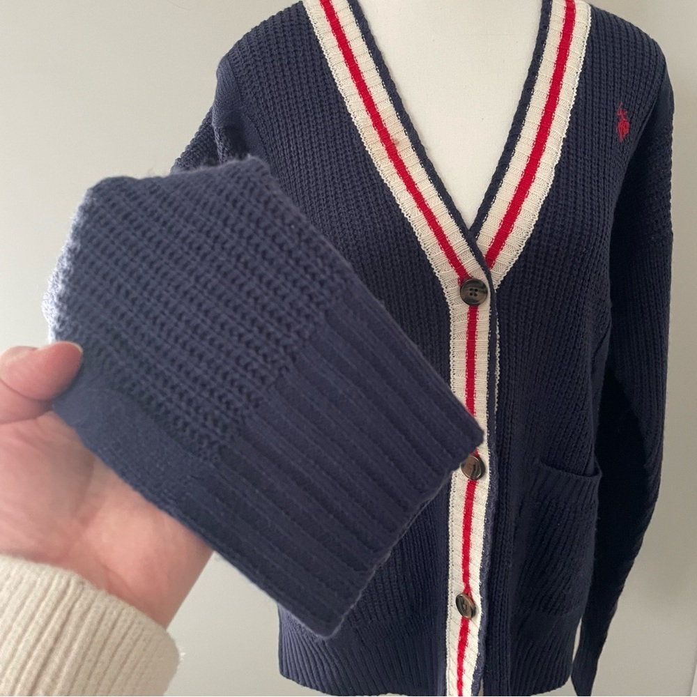 U.S. Polo Assn. Navy Cable Knit Button Up Cardigan Preppy Varsity Academia Large - Picture 4 of 8